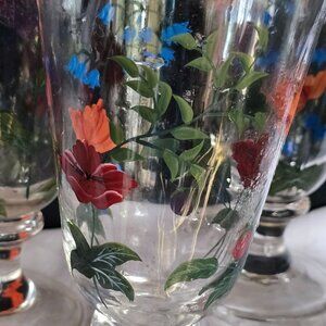 Hand Painted Oneida Floral Glassware Set Of 4 Goblets With Bold Bloom Design - H